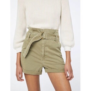 FRAME Safari Belted High Rise Paperbag Cuffed Hem Shorts Washed Od Green 26